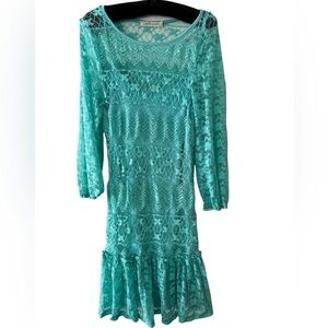 Turquoise Lace Mini Dress with Long Sleeves & Tiered Ruffle Hem